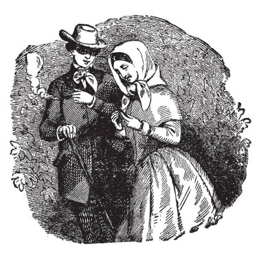 Eski ev bu sahneyi şapkalı bir adam baş ona yaklaşma, o sopa elinde tutarak duran kadın vintage çizim için konuşmak veya illüstrasyon oyma üzerinde gösterir