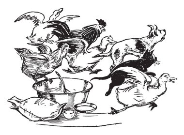 Hayvanlar ve kuşlar gıda kase, vintage çizgi çizme veya oyma resimde kaçan 