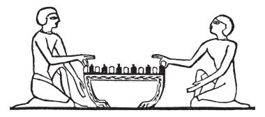 Bu satranç Mısır oyunudur. Bu satranç oyunu bu dama hayal et. Orada iki kişilik satranç, vintage çizgi çizme veya oyma illüstrasyon bir oyun oynuyor.