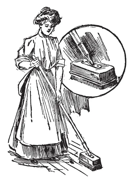 Bir Kadın Kat Kullanarak Ovma Fırçası Vintage Çizgi Çizme Veya — Stok Vektör