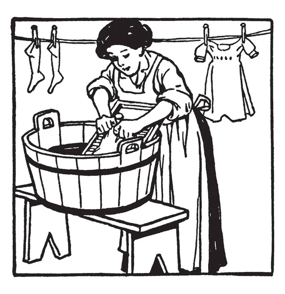 Μια Γυναίκα Πλύσιμο Ρούχα Στην Σανίδα Μπουγάδας Και Ρούχα Που — Διανυσματικό Αρχείο