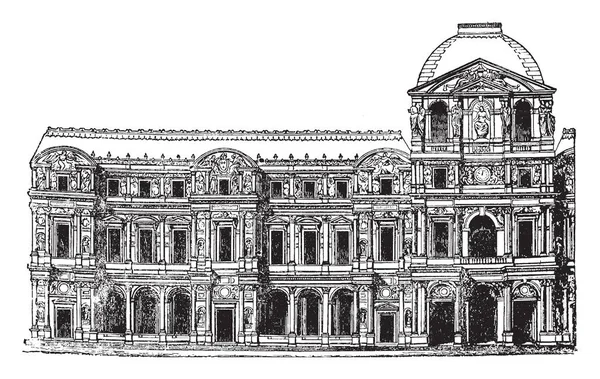 フランスの国立博物館 ルーヴル美術館の内部ファサードは最も世界 歴史的な記念碑 ビンテージの線描画や彫刻イラストの博物館を訪れた — ストックベクタ