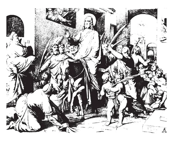 エルサレムへのキリストの参入 ミュンヘン ビンテージの線描画や彫刻イラストに彼と持って来られる画家 — ストックベクタ