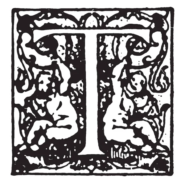 Декоративная Буква Двумя Младенцами Рисунок Винтажной Линии Гравировка — стоковый вектор