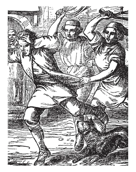 小克劳斯和大克劳斯 这一幕显示两个人跑在男人身后 打了一个人 复古线画或雕刻插图 — 图库矢量图片