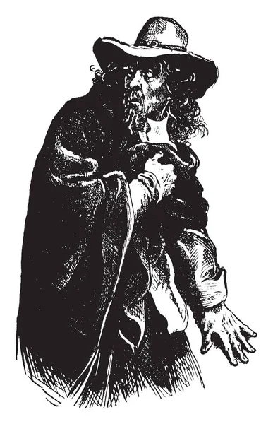 Тимур Картина Показывает Человека Шляпе Голове Глядя Винтажные Линии Рисунок — стоковый вектор