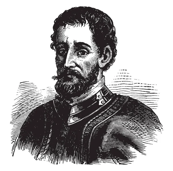 费迪南德 他是西班牙探险家和征服者 复古线画或雕刻插图 — 图库矢量图片