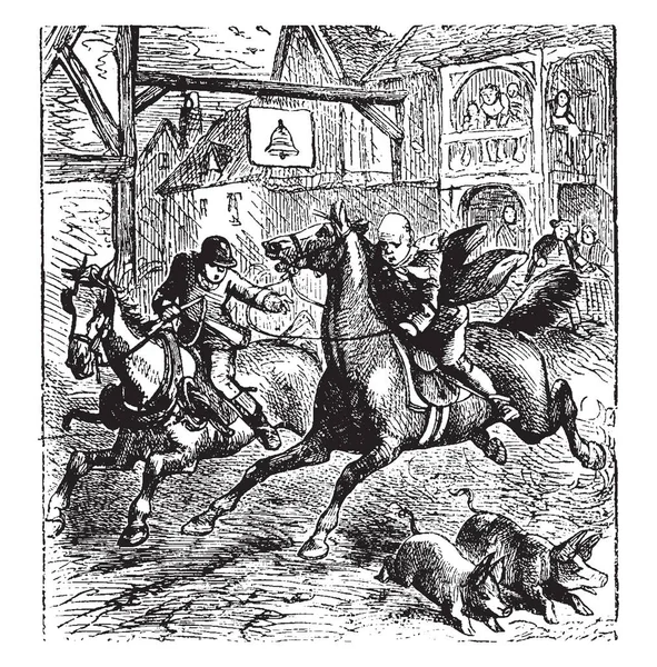 约翰吉尔宾 这个场景显示两个人骑在马和说话 两只猪坐在地上 其他人看着他们 复古线条画或雕刻插图 — 图库矢量图片
