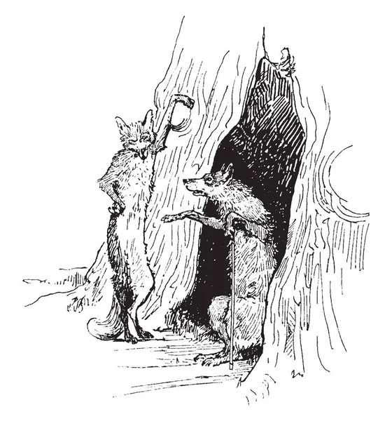 Kurt Ağacı Vintage Çizgi Çizme Veya Oyma Illüstrasyon Konuşmak Fox — Stok Vektör