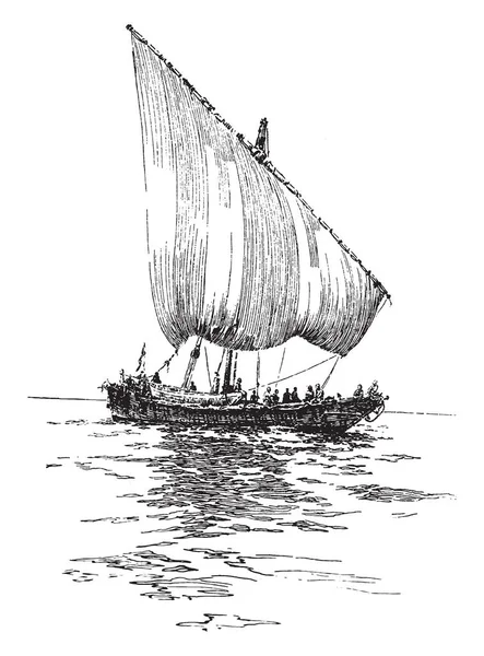 从单桅帆船是许多传统帆船的通用名称 具有一个或多个桅杆与三角帆帆使用在红海和印度洋地区 复古线条画或雕刻插图 — 图库矢量图片