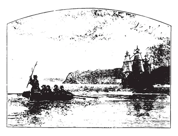 本笃阿诺德逃脱船后 发现他是叛徒 复古线条画或雕刻插图 — 图库矢量图片