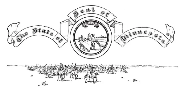 美国明尼苏达州的印章与美国本土战士的背景 在中心一个人骑马 农民耕田 复古线画或雕刻插图 — 图库矢量图片