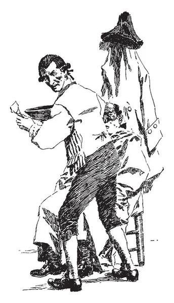 この図は 床屋は特に男性の髪をカット ひげそりや職業 ビンテージの線描画や彫刻イラストとしてひげをトリム人 — ストックベクタ