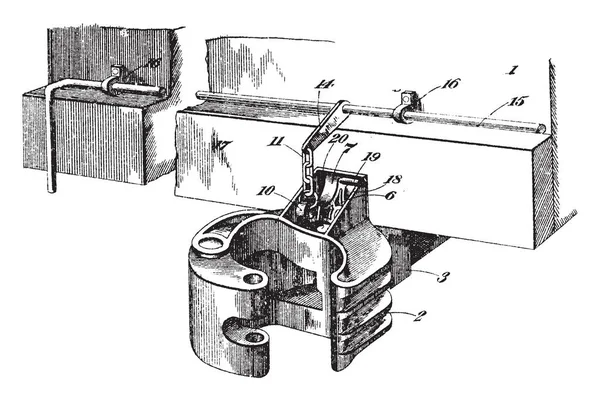 机械连接滚动汽车耦合器机构用于连接列车机车车辆 复古线条画或雕刻插图 — 图库矢量图片