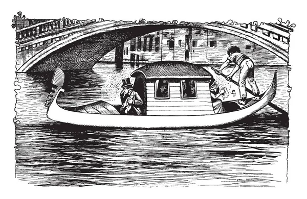 橋の下でボート人間が 人の乗客 ビンテージの線描画や彫刻イラストとボートを搭載 — ストックベクタ