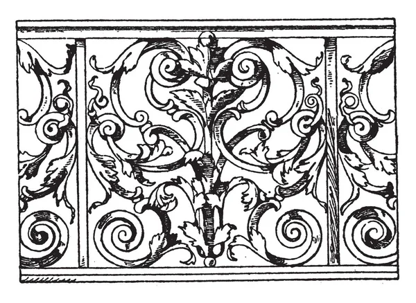 格子护栏是法国的巴罗科设计 前玻璃的顶部 一排排的栏杆 复古的线条画或雕刻插图 — 图库矢量图片