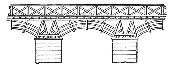 トラヤヌス橋はローマ区域アーチ橋より低いドナウ ビンテージの線描画や彫刻イラストで建設が最初の橋 — ストックベクタ
