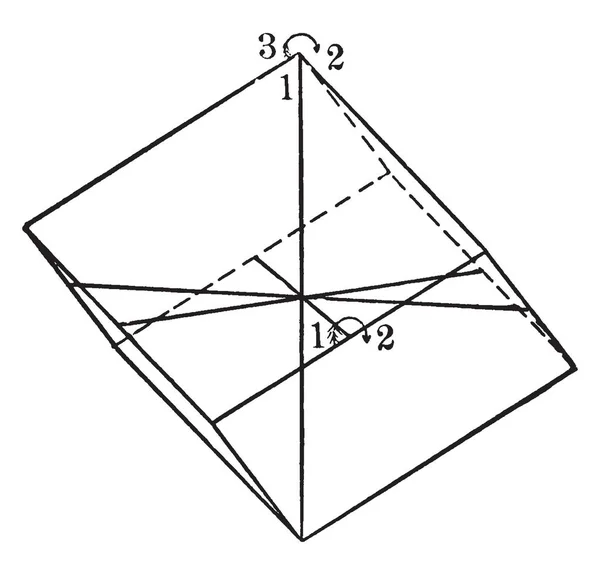 この図は 菱面体晶クラスの対称性と つの水平方向の結晶軸 ビンテージの線描画や彫刻イラストを表します — ストックベクタ