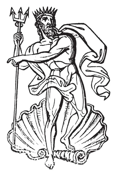 ネプチューン 水の神 ローマ神話と宗教 ビンテージの線描画や彫刻イラスト海の立像 — ストックベクタ