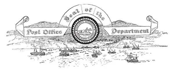 美国邮政的印章 这封海豹有一个人骑马在中心 船和海下面的圆圈 复古线条画或雕刻插图 — 图库矢量图片