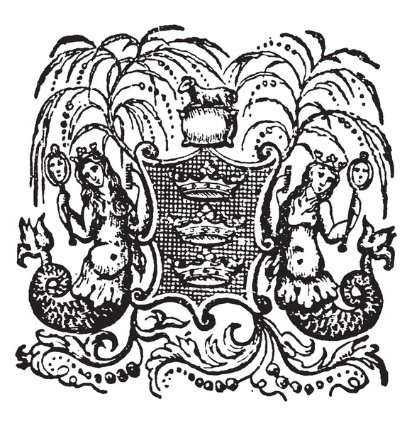 这个印章是为波士顿 议会和市政区和海港镇在英格兰的胳膊 它有两个美人鱼和三皇冠在中心 和顶部一只绵羊坐 复古线条画或雕刻插图 — 图库矢量图片