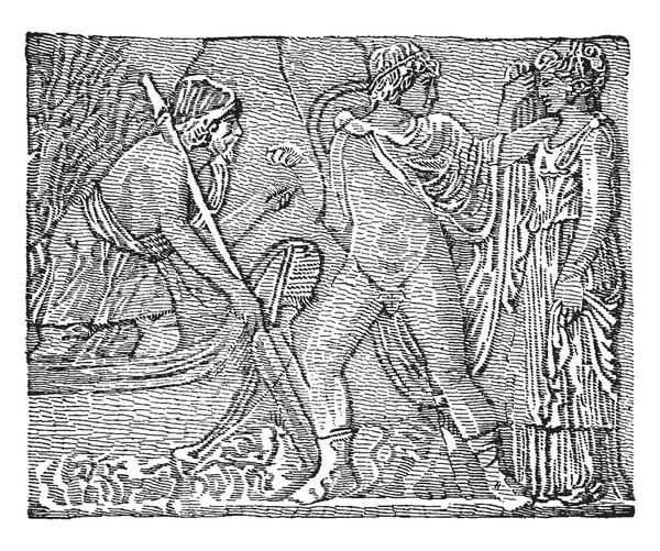 Винтажный Стиль Иллюстрация Мифологической Сцены Людьми — стоковый вектор