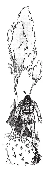 海华沙的禁食 这一幕显示 一名男子站在树附近 俯视地面上的草地 复古线条绘画或雕刻插图 — 图库矢量图片