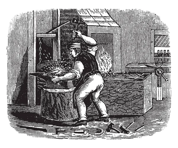 当铁是热 复古线条画或雕刻插图的男子罢工与锤子 — 图库矢量图片