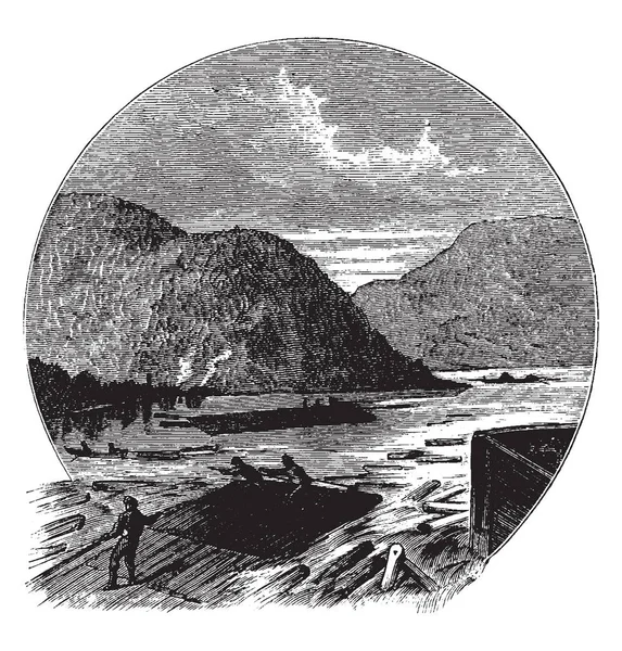 Ілюстрація Являє Собою Рафтинг Лісоруби Язують Колоди Гігантські Плоти Які — стоковий вектор