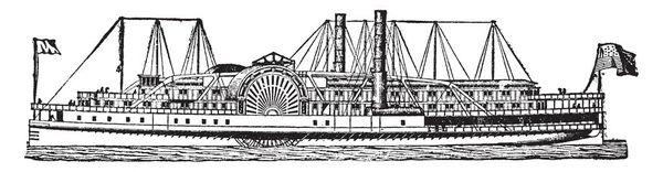 アメリカの川蒸気船はボートやパドル上またはネジ ビンテージの線描画や彫刻イラストに蒸気によって推進された容器 — ストックベクタ