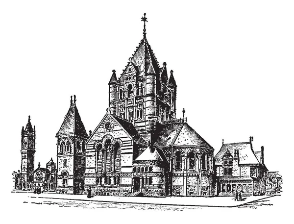 这是一座位于纽约的建筑 位于约翰街的韦斯利教堂 复古线条画或雕刻插图 — 图库矢量图片