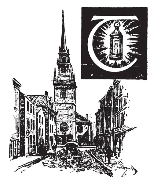 Una Letra Mayúscula Con Iglesia Dibujo Línea Vintage Ilustración Grabado — Archivo Imágenes Vectoriales