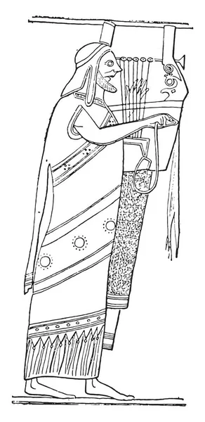 Müzik aletinin oyuncu, vintage illüstrasyon kazınmış.