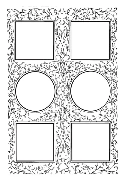 六部分框架有四正方形和两个圆圈在此模式下 复古线条画或雕刻插图 — 图库矢量图片
