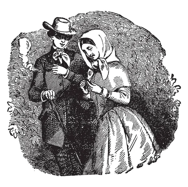 Eski ev bu sahneyi şapkalı bir adam baş ona yaklaşma, o sopa elinde tutarak duran kadın vintage çizim için konuşmak veya illüstrasyon oyma üzerinde gösterir