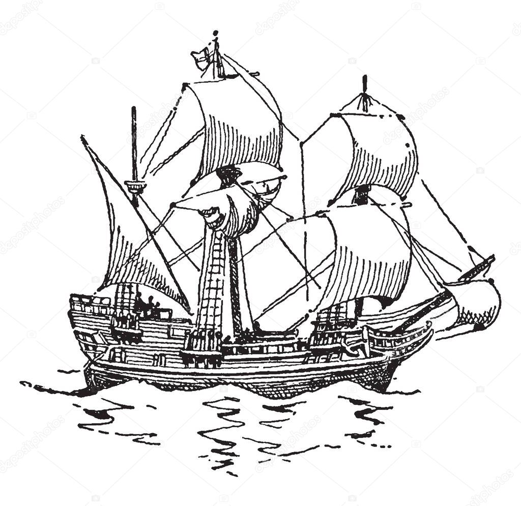 The Mayflower was an English ship which transported the pilgrims to America,vintage line drawing or engraving illustration.