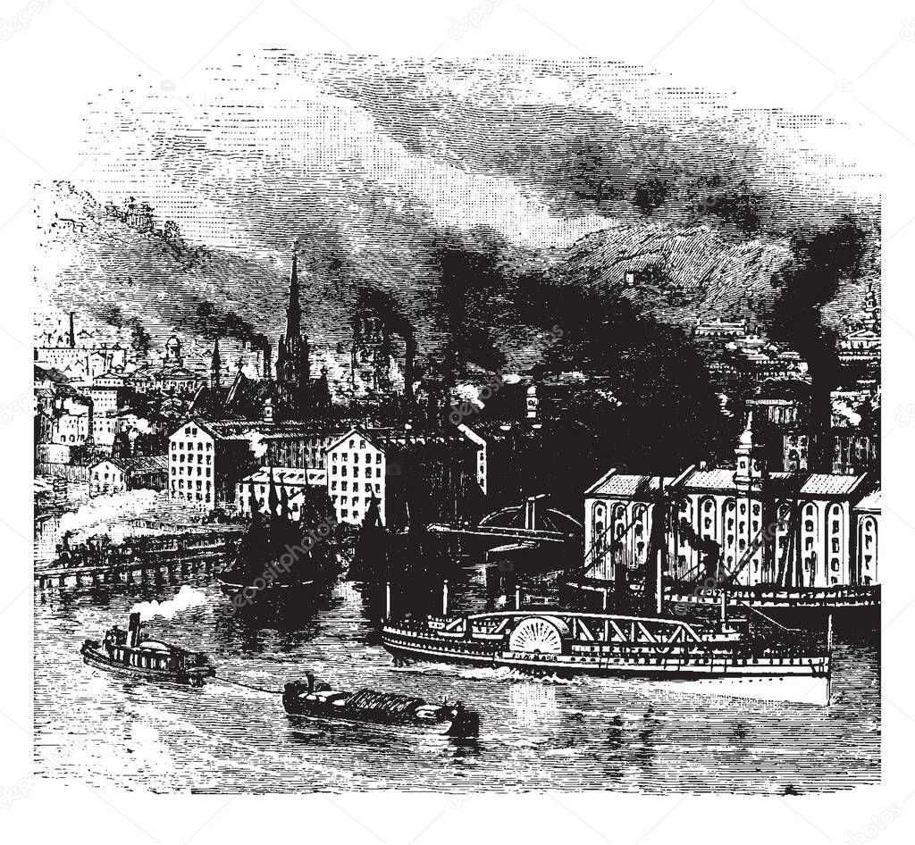 A mill town, also known as factory town or mill village. Smoke is coming out from the factories and there is a pond in which the boat is moving, vintage line drawing or engraving illustration.