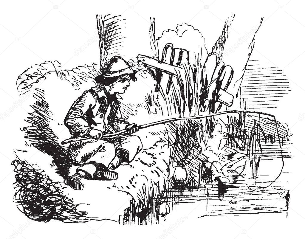 A boy catching fish with fishing pole in the pond, vintage line drawing or engraving illustration