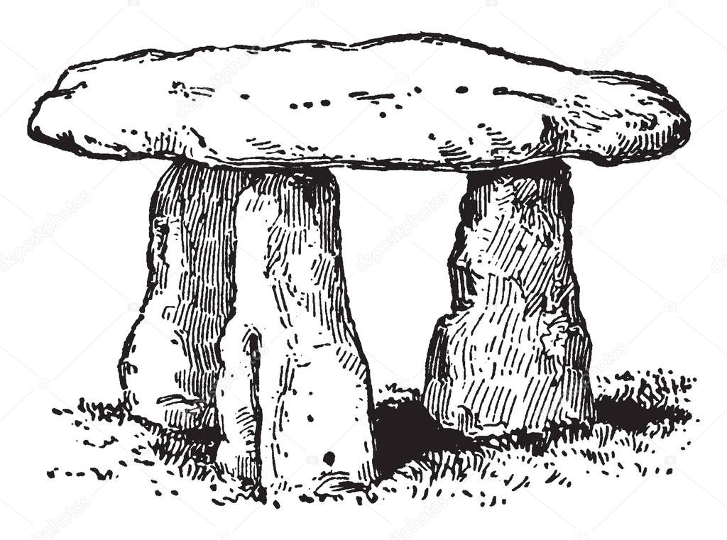 Lanyon Quoit is a dolmen in Cornwall, England, United Kingdom. It has three support stones which stand to a height of 1.5 metres, vintage line drawing or engraving illustration.