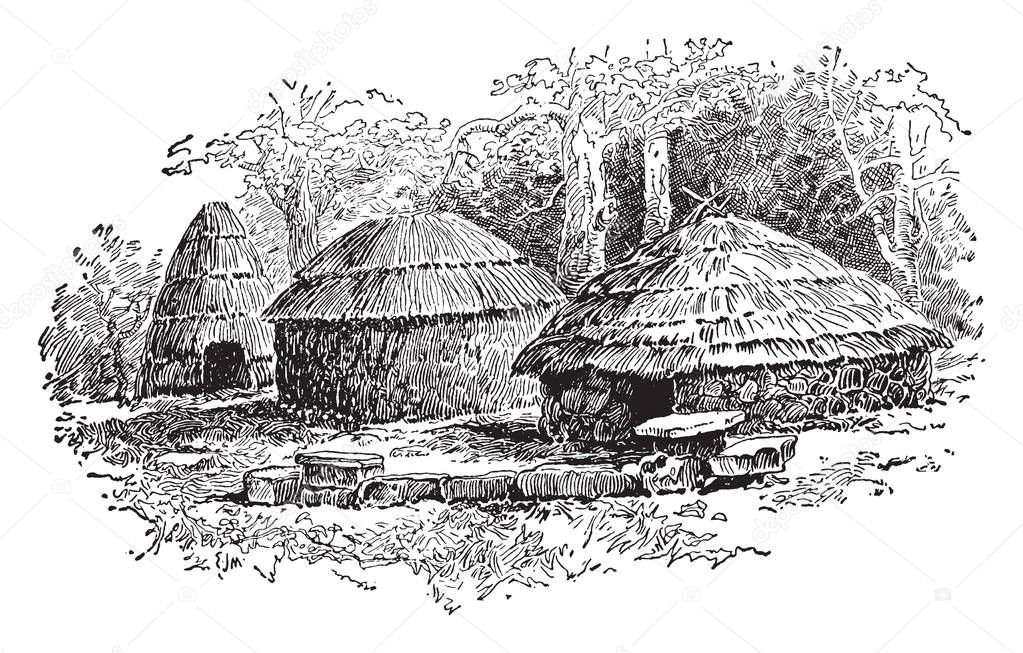 The image shows the early habitation of German and Gallic. The image depicts the houses made up of straws and has conical roofs, vintage line drawing or engraving illustration.