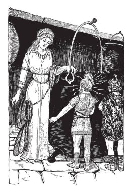 Humaar'ın canavar ev, Thor ve lastik, seyahat Hamir'ın karısı gösterir ve Mali-derin, vintage çizgi çizme veya oyma illüstrasyon Hødd için onun büyük-için-büyük catlet adlı.