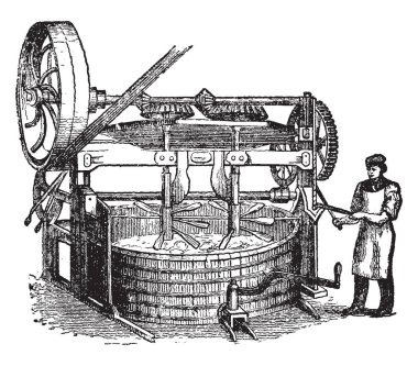 Bu resimde dikey küçük çiftlikler, vintage çizgi çizme veya oyma resimde kullanılan Mikser temsil eder..