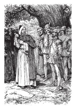 Kral Richard ve Robin Hood, erkeklerin bu sahne gösterileri iki grup, bir kukuleta ile adam ve grup önünde duran, başka bir grup duran, vintage çizgi çizme veya illüstrasyon oyma adam adam konuşurken çapraz