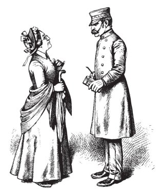 Kadınla konuşan bir koruma, elinde şemsiye, vintage çizgi çizme veya oyma illüstrasyon