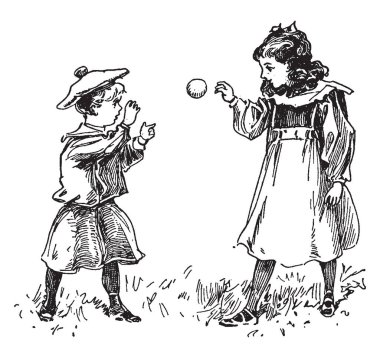 Bir top, vintage çizgi çizme veya oyma illüstrasyon ile oynayan çocuklar.