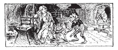 Çıkrık ve küçük adam, onlardan uzak yürüyen başka bir adam için konuşma yakınındaki masada oturan bir kadın vintage satır çizim veya illüstrasyon oyma