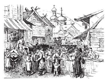 Rusya nerede insanlar şeyler, vintage çizgi çizme veya oyma illüstrasyon satın alan sokak adil olduğunu.