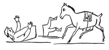 Yaşlı bir adam yere düştü ve iki bölümde, at onu, vintage çizgi çizme veya oyma illüstrasyon yakınındaki bölünmüş bu sahne Edward Lear'ın tekerlemeler, gösterir