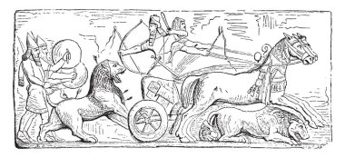 Bu bir aslan avı bir parçasıdır. Bu resimde av aslan, vintage çizgi çizme veya oyma illüstrasyon çalışan avcılar da vardır.