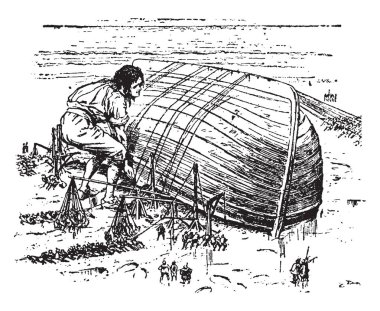 Adam saygısız tekne, bu sahneyi shore, küçük ona yakın kişi, arka plan, vintage çizgi çizme veya oyma illüstrasyon denizde teknede saygısız bir dev adam gösterir.